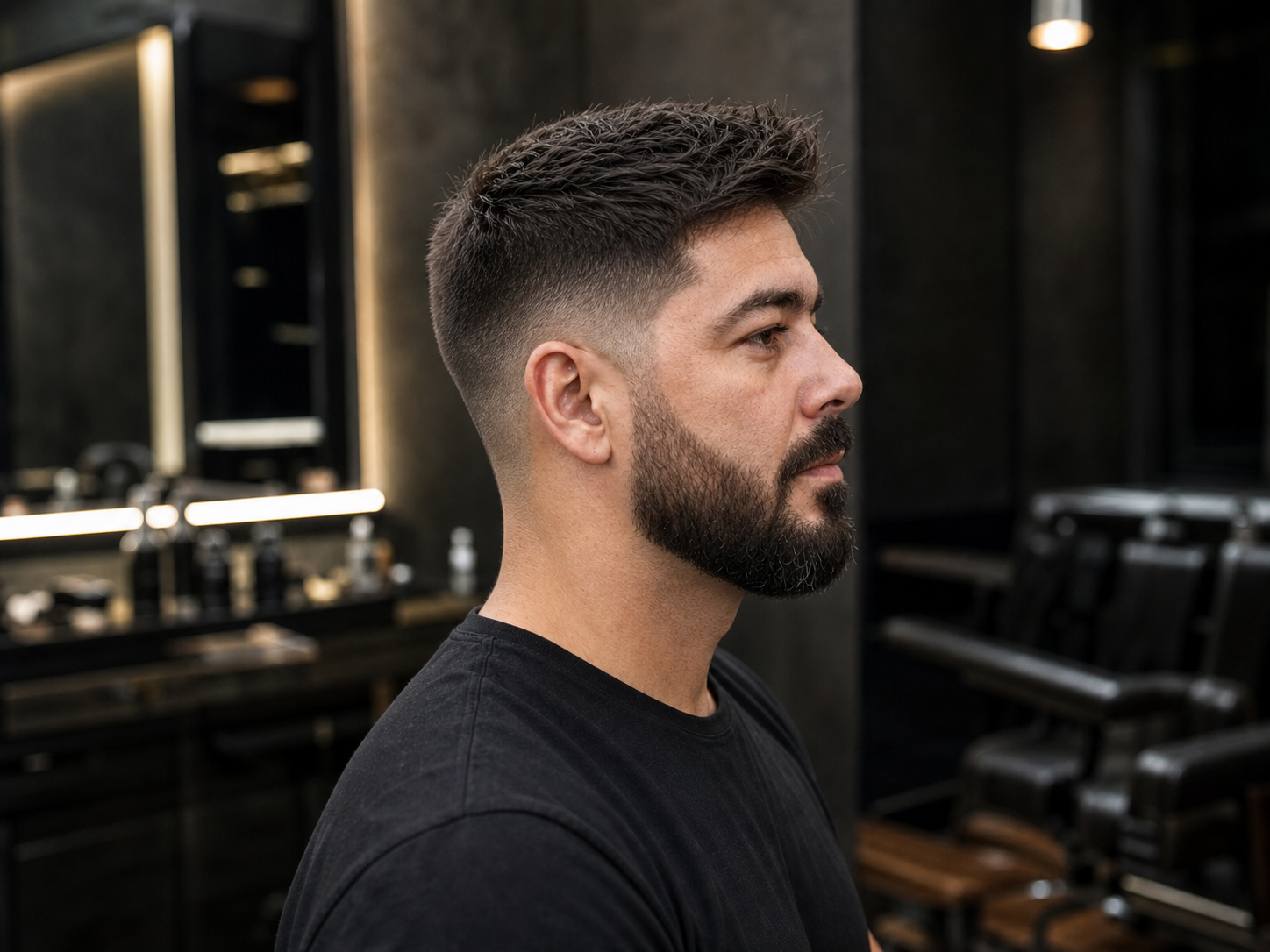 Vista de perfil de Carlos mostrando o degradê e a barba